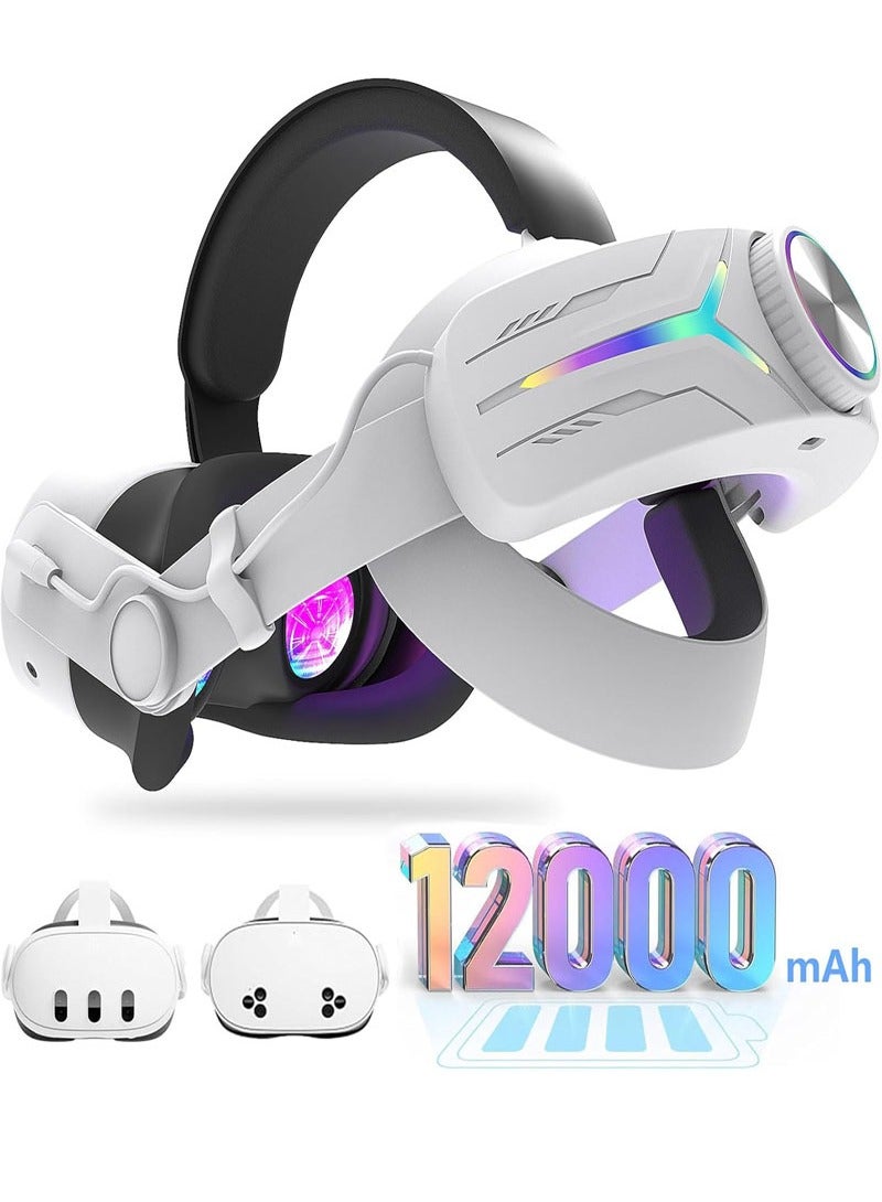 Head Strap with 12000mAh Battery for Oculus/Meta Quest 3, Adjustable Headband Bracket with RGB Light, Soft Cushion VR Elite Strap for Balance Weight-White  - Image 1