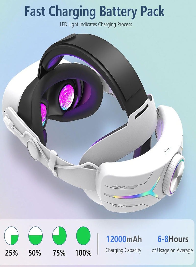 Head Strap with 12000mAh Battery for Oculus/Meta Quest 3, Adjustable Headband Bracket with RGB Light, Soft Cushion VR Elite Strap for Balance Weight-White  - Image 4