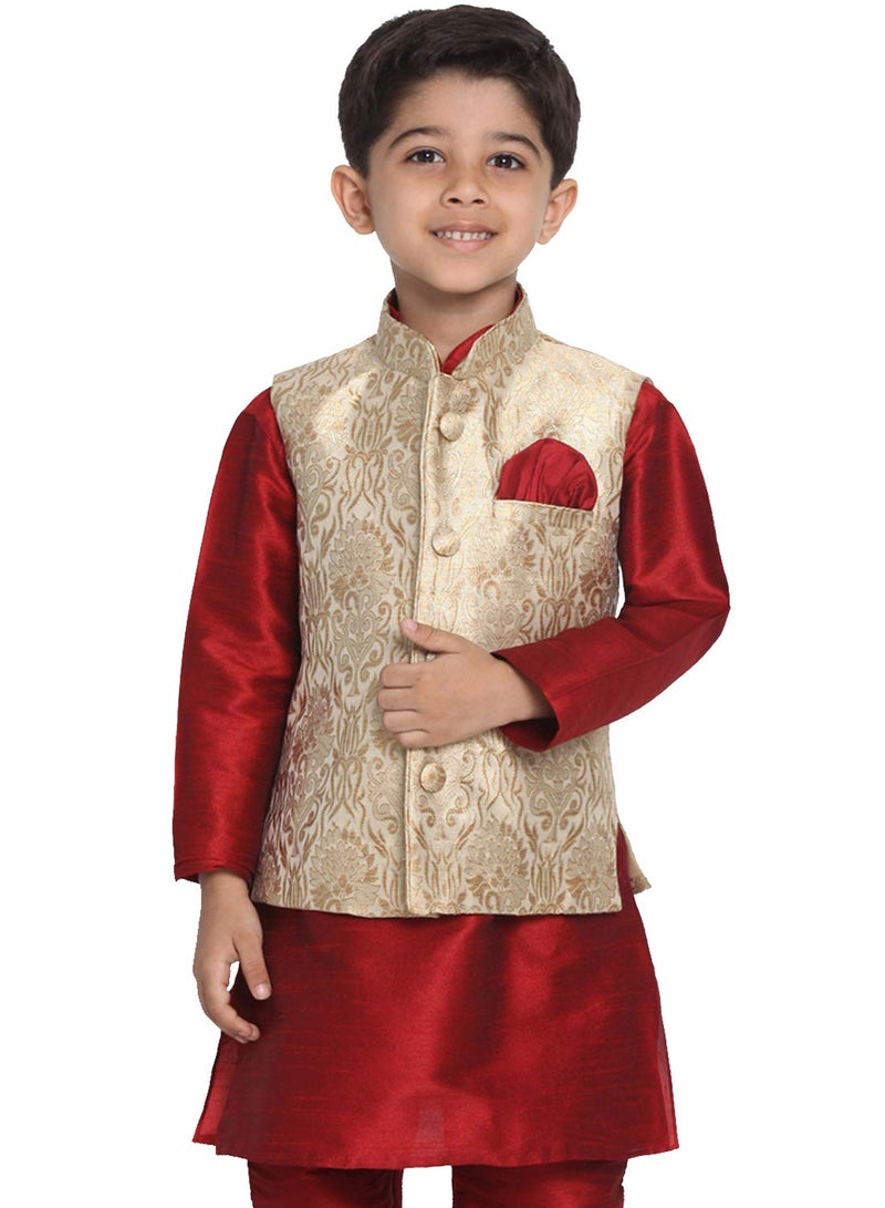 JBN Creation Boys' Rose Gold Silk Blend Nehru Jacket || Banarasi Brocade Woven Jacquard Modi/Nehru Jacket || Ethnic Wear for Festivals, Weddings_VASBJ024RG_36 - Image 1