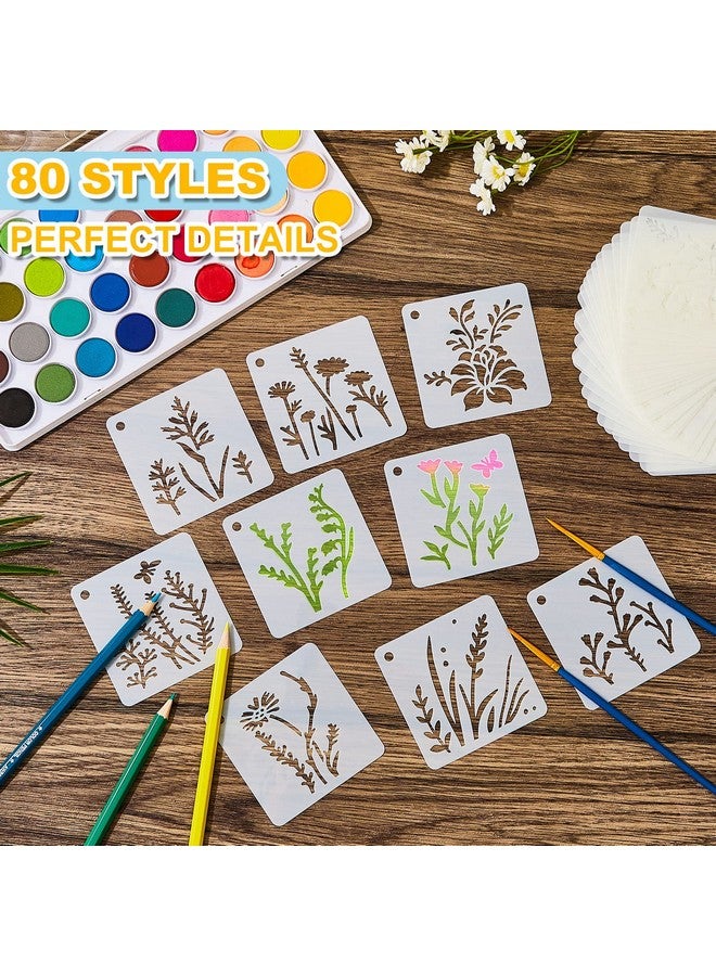 تيلينغ 80 قطعة من استنسل الزهور باقة الربيع استنسل اللوحة القابلة لإعادة الاستخدام استنسل الزهور البرية الصغيرة استنسل الزهور النباتية للرسم على الخشب جدار قماش الحرف الأثاث المنزلي علامة 3 × 3 بوصة - Image 4