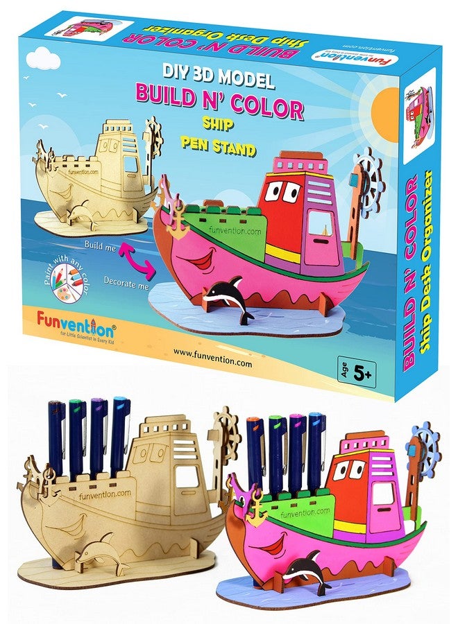 Funvention Ship - 3D Coloring Model - DIY Desk Organizer Pen Stand - STEM Leanring 3D Puzzle Toy - Art, Coloring and Painting Kit for Kids - Birthday Return Gift,3D Mechanical Do IT Yourself Toy - Image 1