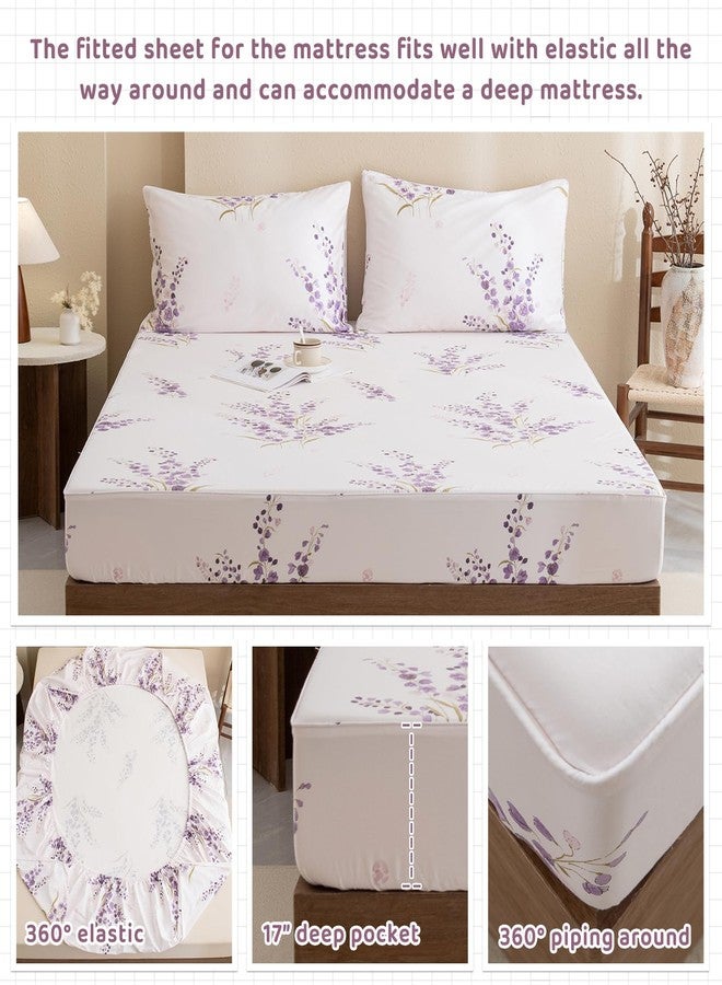 QSH Lavender Floral Bed Sheets Queen Size - 100% Egyptian Cotton Sheets Purple Flower Printed Bedding Sheets Queen Size Bed 4pcs Deep Pockets Bed Sheets - Image 4