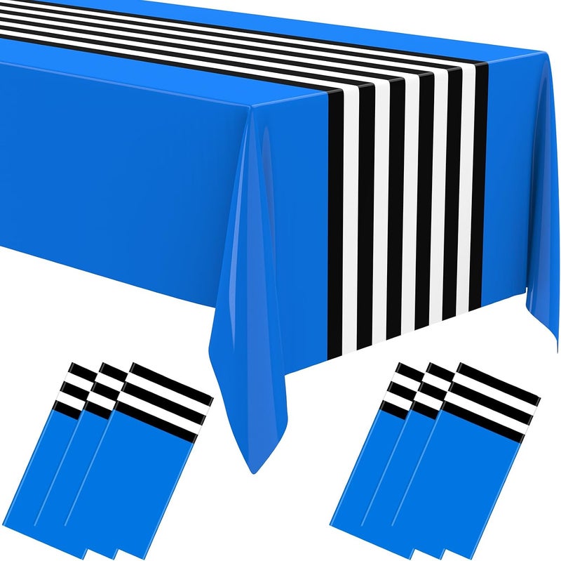 Oudain 6 Pcs Striped Tablecloth 108 x 54 Inch Disposable Plastic Table Cloth Waterproof Tablecloth Rectangle Table Cover for Birthday Wedding Bridal Party Supplies (Black White Dark Blue) - Image 1