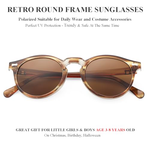 Gleyemor Kids Polarized Cute Round Sunglasses for Kids Girls Boys Age 3-8 (Amber Stripe Frame/Brown Lens) - Image 2