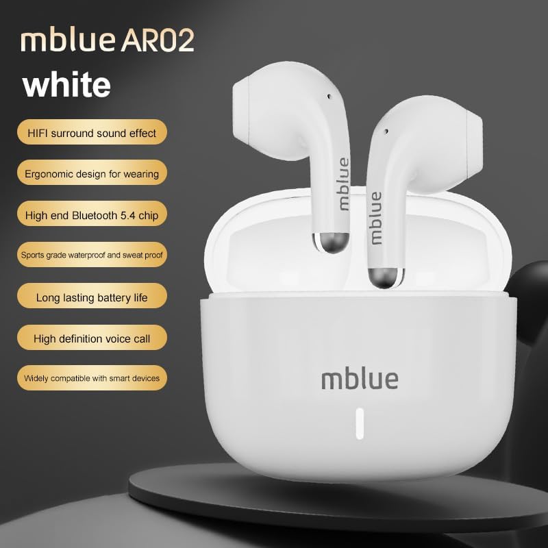 إم بلو سماعات بلوتوث MBLUE AR02، وقت تشغيل 50 ساعة، إلغاء الضوضاء ENC، محرك باس 13 مم، مقاومة للماء IPX5، تحكم باللمس، سماعات لاسلكية للرياضة والتمارين والمكالمات، مقاومة للماء IP5 - Image 2