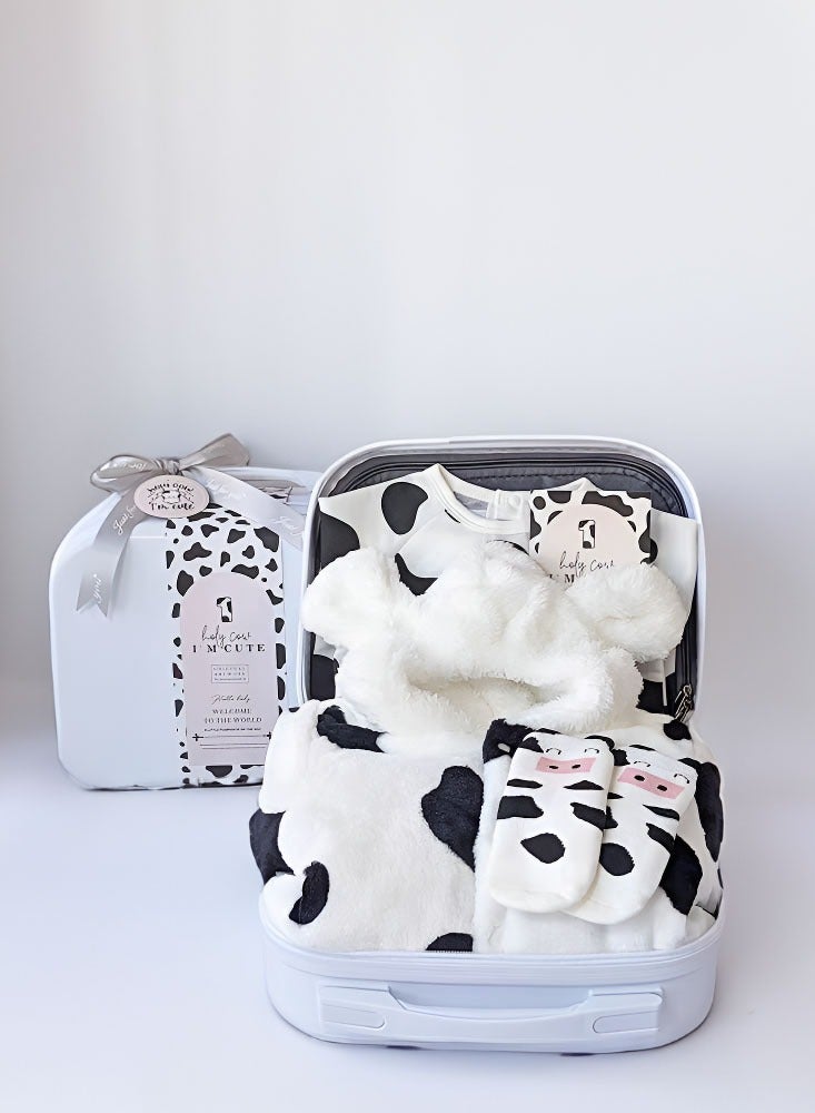Newborn Baby Giftset with Jumpsuit and Romper in Cow Theme for Boys and Girls - Image 1