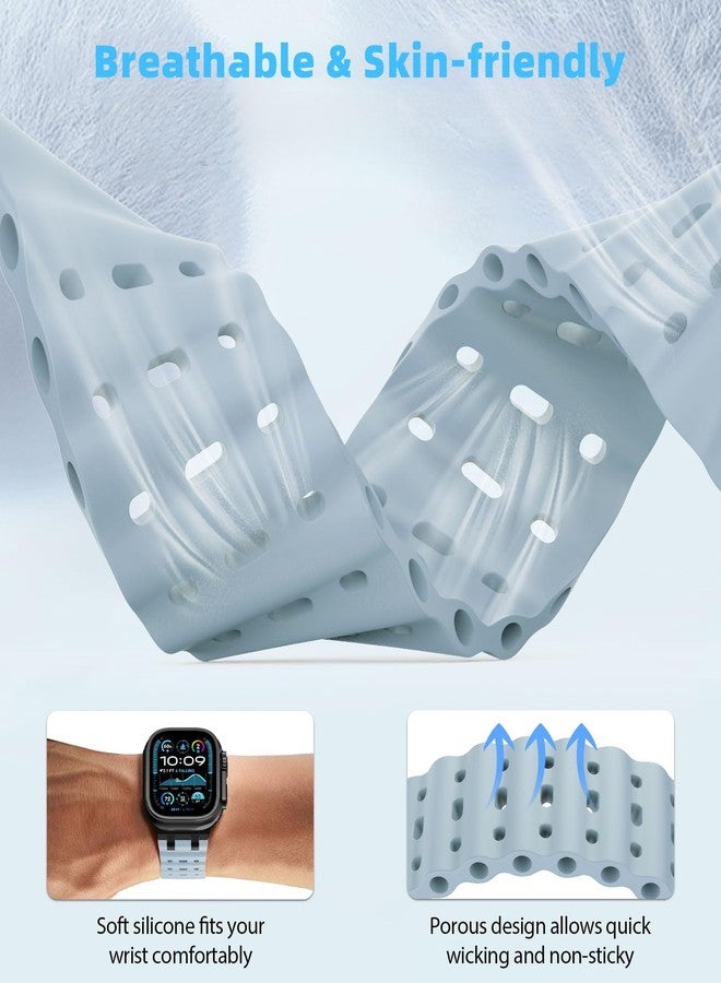 MoKo Ocean Band Compatible with Apple Watch Ultra 3/2/1 49mm, S11/S10 46mm, 9/8/7 45mm, SE3/SE2/SE/6/5/4 44mm, 3/2/1 42mm, Breathable Silicone Sport Strap, Black/Ice Blue, Normal, Modern - Image 3