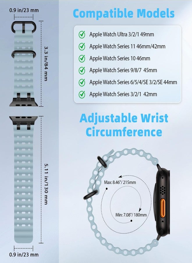 MoKo Ocean Band Compatible with Apple Watch Ultra 3/2/1 49mm, S11/S10 46mm, 9/8/7 45mm, SE3/SE2/SE/6/5/4 44mm, 3/2/1 42mm, Breathable Silicone Sport Strap, Black/Ice Blue, Normal, Modern - Image 2