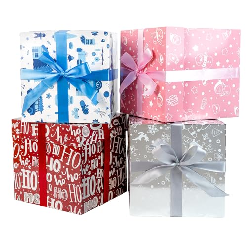 JWSCYSY Assorted Color Christmas Gift Boxes with Lids Tissue Papers and Ribbons Medium Square Gift Boxes 4 Pcs 87 Inch Gift Wrapping Christmas Holiday New Year Presents Party Favor Boxes - Image 1
