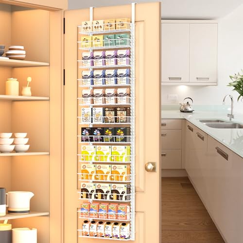 Churboro Over the Door Pantry Organizer Rack with 12 Adjustable Baskets, 12 Tiers Dual-use Spice Rack- Hanging or Wall Mount Spice Rack, Pantry Door Organizer, White - Image 1