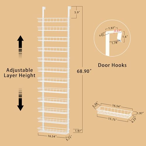 Churboro Over the Door Pantry Organizer Rack with 12 Adjustable Baskets, 12 Tiers Dual-use Spice Rack- Hanging or Wall Mount Spice Rack, Pantry Door Organizer, White - Image 2