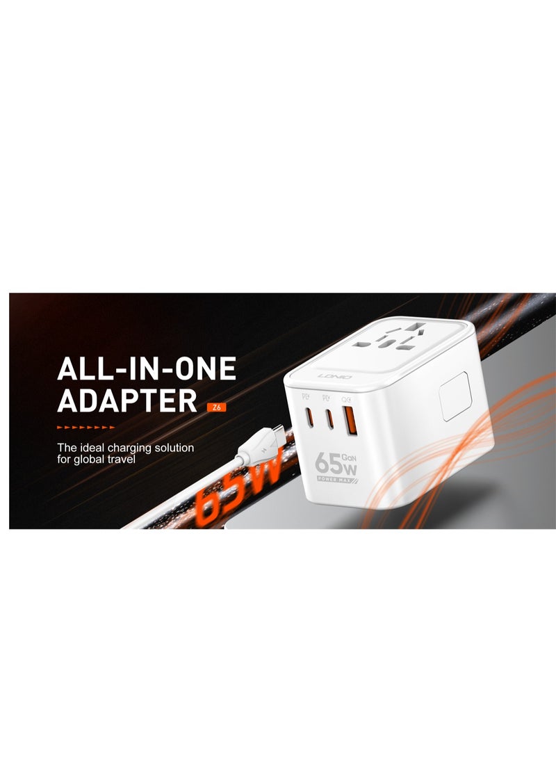 LDNIO Z6 - 65W Universal Travel Adapter International Plug Adapter With 2 USB -C Fast Charging All In One Worldwide Wall Charger  - Image 5