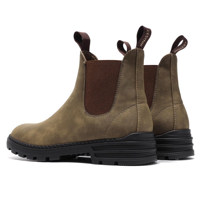 Cestfini Women's Low Heel Chelsea Boots Round Toe Elastic Ankle Booties Ladies Casual Slip On Leather Shoes 8.5, Khaki - Image 4
