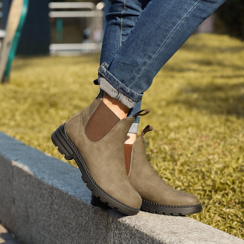 Cestfini Women's Low Heel Chelsea Boots Round Toe Elastic Ankle Booties Ladies Casual Slip On Leather Shoes 8.5, Khaki - Image 2