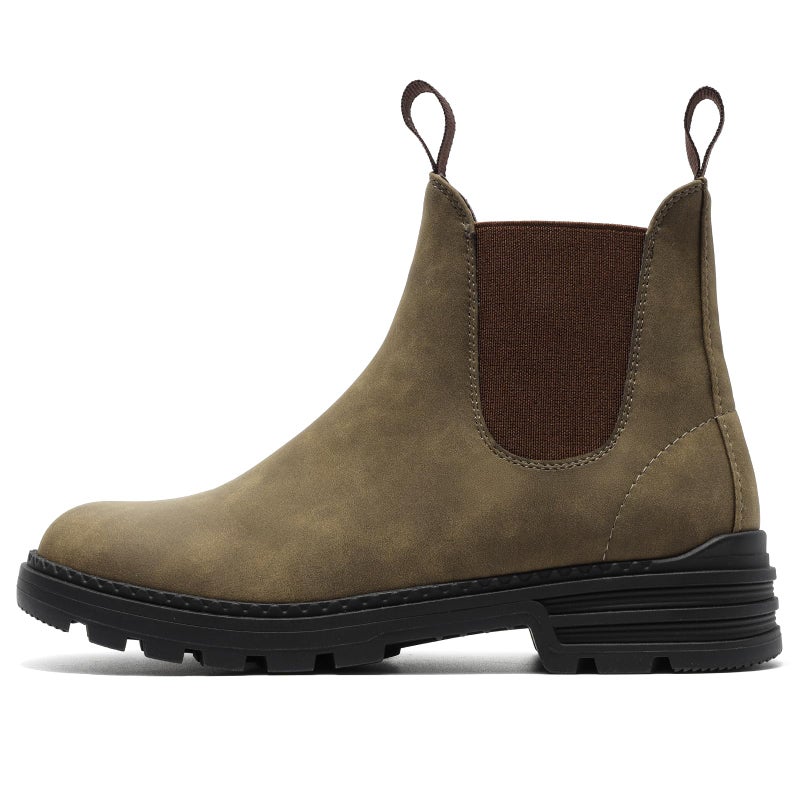 Cestfini Women's Low Heel Chelsea Boots Round Toe Elastic Ankle Booties Ladies Casual Slip On Leather Shoes 8.5, Khaki - Image 3