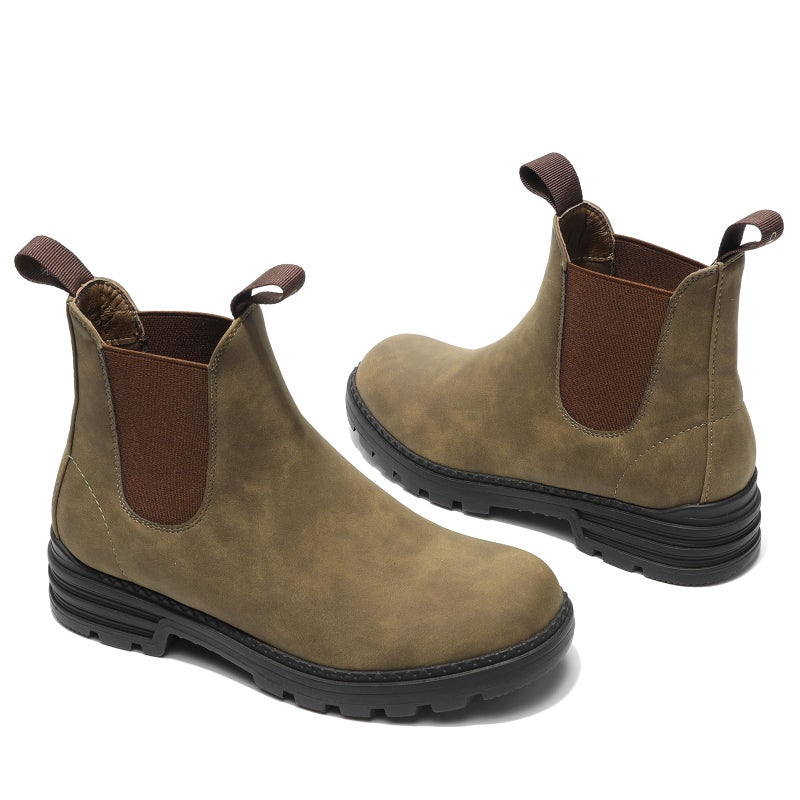Cestfini Women's Low Heel Chelsea Boots Round Toe Elastic Ankle Booties Ladies Casual Slip On Leather Shoes 8.5, Khaki - Image 5