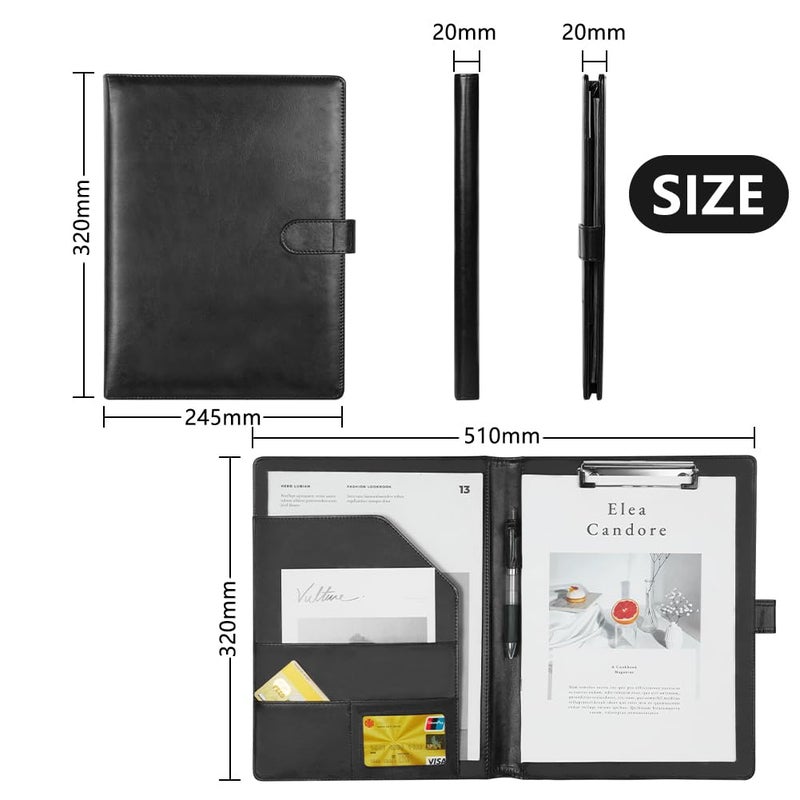 OFFCUP A4 Portfolio, PU Leather Portfolio, Conference Folder with Magnetic Clasp and Pockets, Document Holder Clipboard with Clip, Notepad Holder for Office Diary Conference (Black) - Image 3
