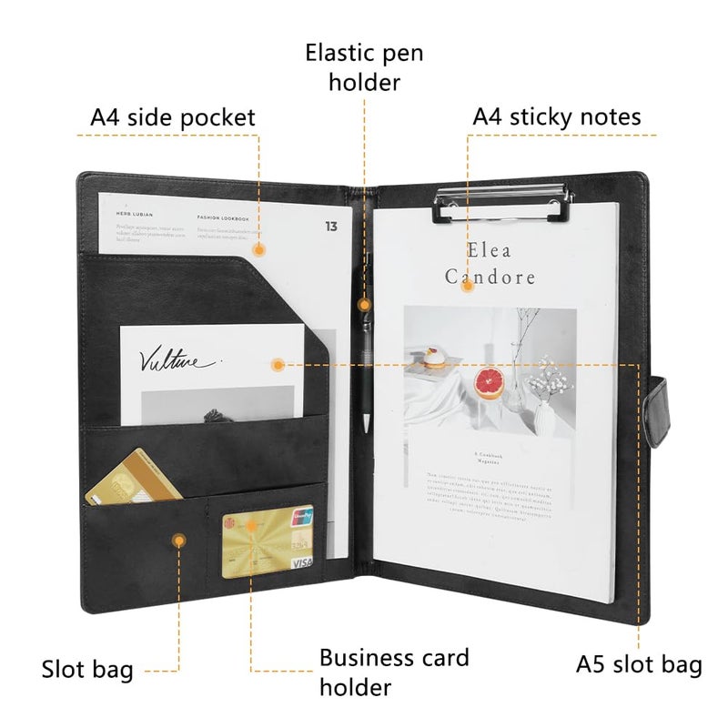 OFFCUP A4 Portfolio, PU Leather Portfolio, Conference Folder with Magnetic Clasp and Pockets, Document Holder Clipboard with Clip, Notepad Holder for Office Diary Conference (Black) - Image 4