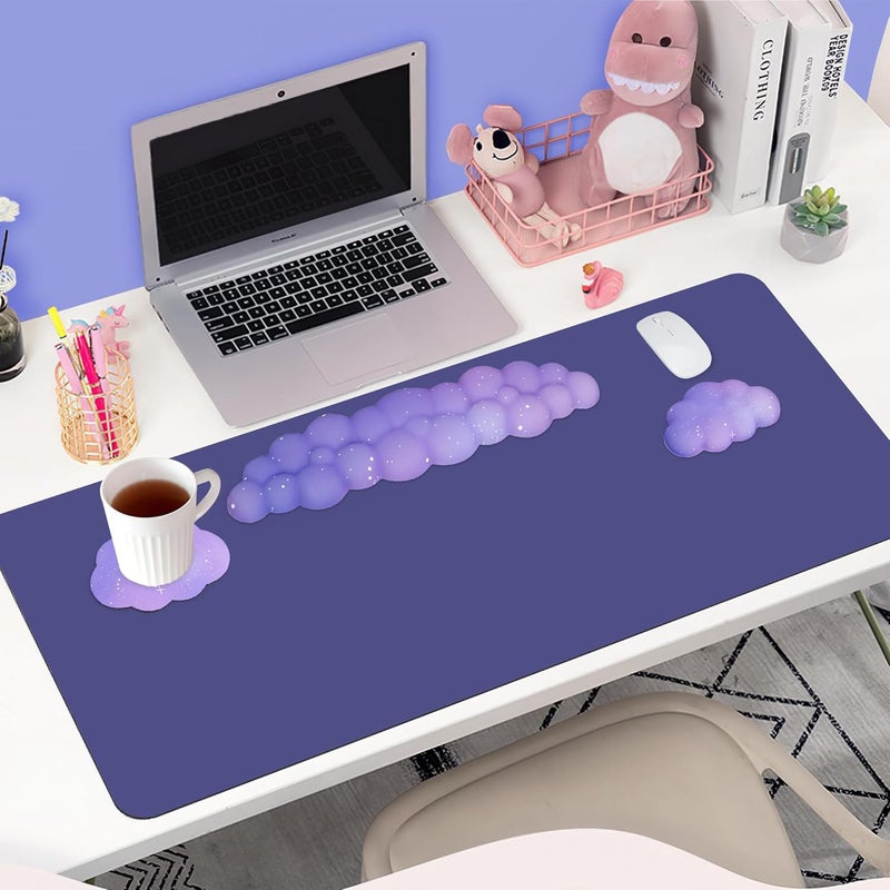 LJYZMD Cloud Wrist Rest Set for Keyboard and Mouse, Includes Cute Coaster, with Computers and Laptops（Purple Star Set） - Image 2