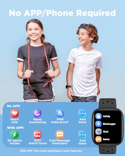 BIGGERFIVE Smart Watch for Kids, 1.8" Fitness Tracker Watch Pedometer, Heart Rate, Sleep Monitor, IP68 Waterproof, Calorie Step Counter, Puzzle Games with/Without APP for Girls Boys Teens 5-16, Black - Image 2