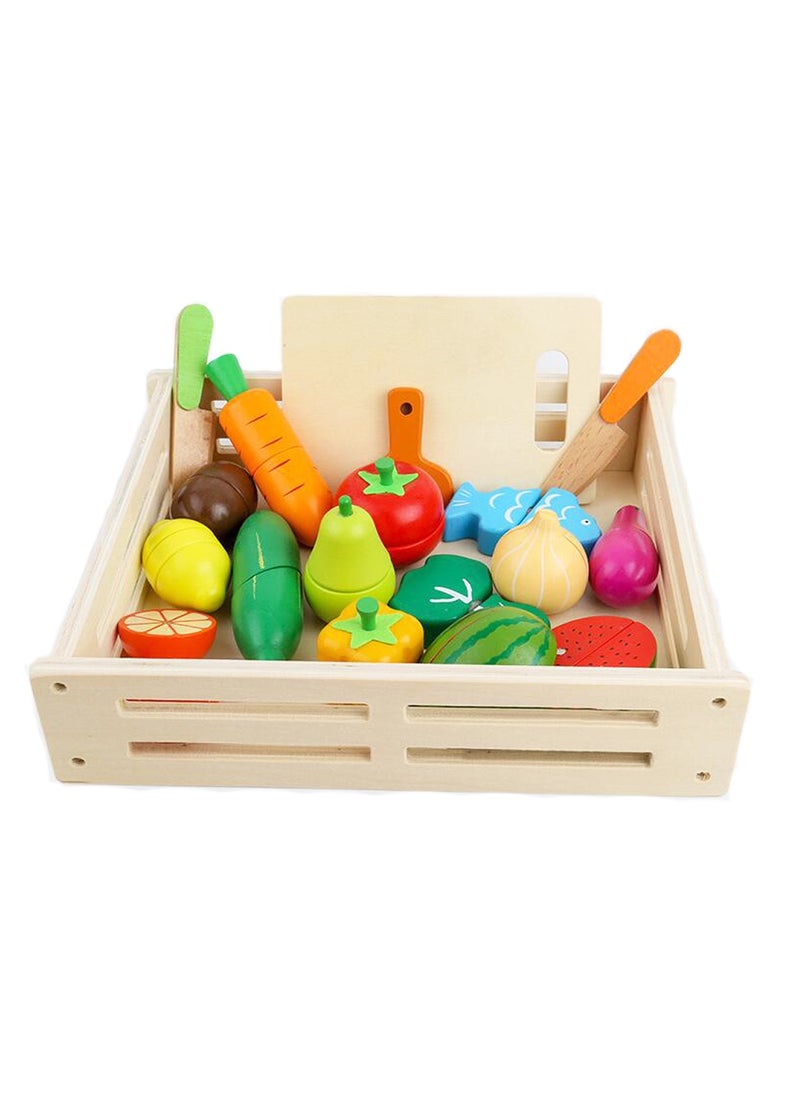 ponny Ponny 17 Pcs Food Fruits & Vegetables Toys Kids Kitchen Pretend Toy Cutting Wooden Set with Wood Storage Box  - Image 1