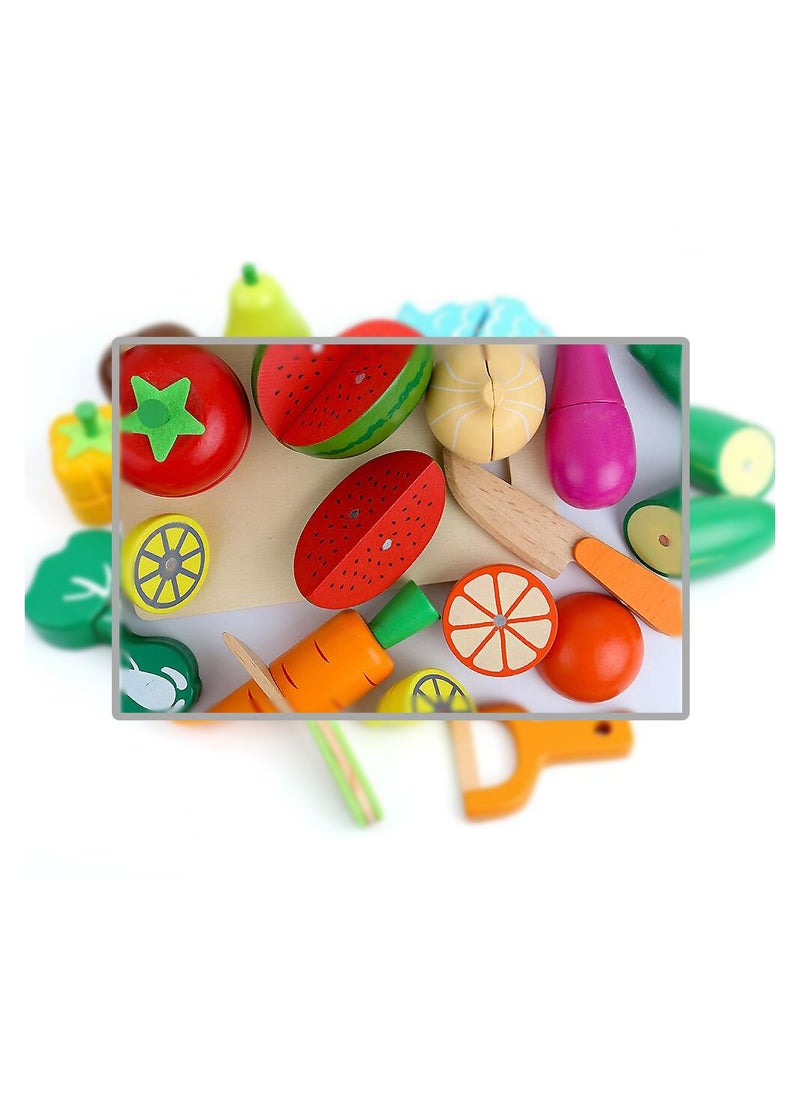 ponny Ponny 17 Pcs Food Fruits & Vegetables Toys Kids Kitchen Pretend Toy Cutting Wooden Set with Wood Storage Box  - Image 3