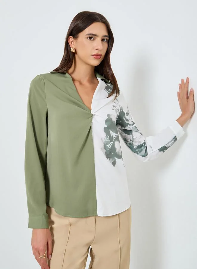 Take Two Floral Printed Ruffle Front Detail Long Sleeve Top