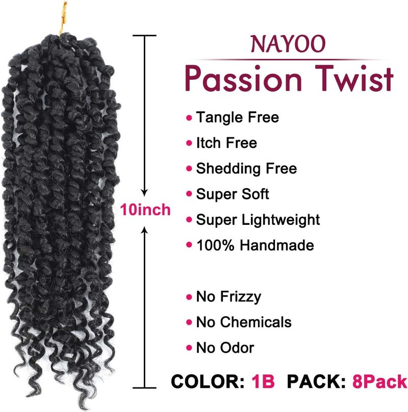 NAYOO Passion Twist Hair - 8 Packs 10 Inch Passion Twist Crochet Hair For Women, Crochet Pretwisted Curly Hair Passion Twists Synthetic Braiding Hair Extensions (10 Inch 8 Packs, 1B) - Image 2