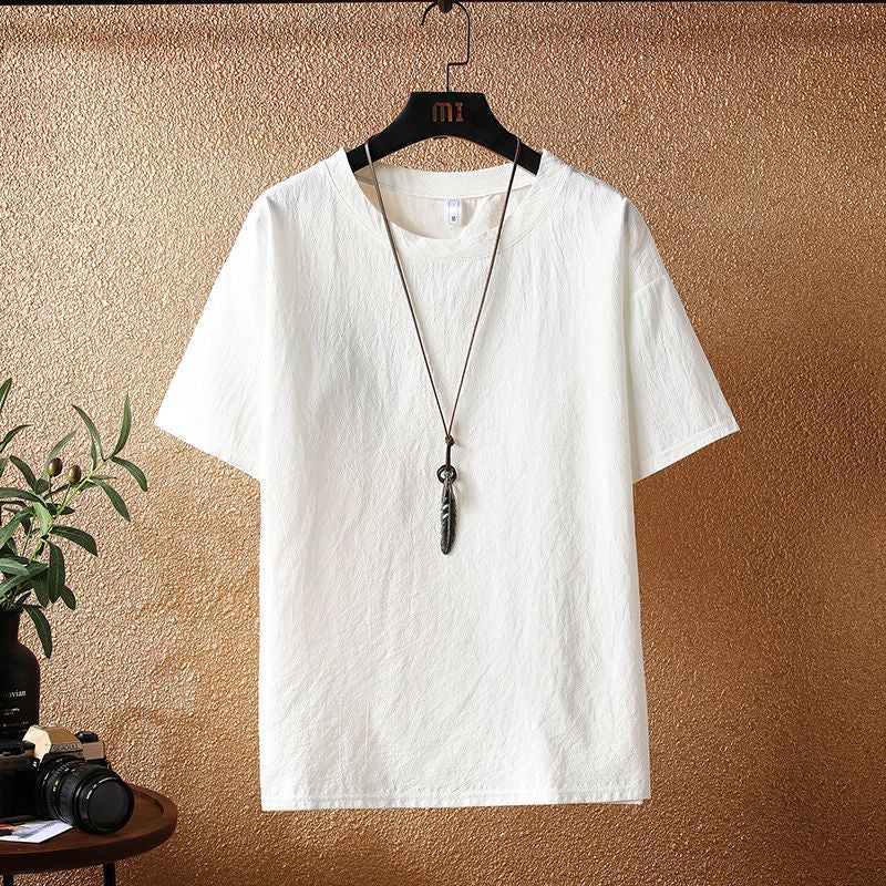 Linen Short-Sleeved Men'S Summer Thin Casual Cotton And Linen T-Shirt Loose Half-Sleeved Fashionable Plus Size Pure White Base Shirt - Image 1