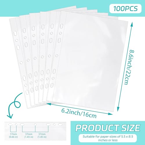 VOKOY 100 Pack 5.5x8.5 Inch Sheet Protectors for 3 or 6 Ring A5 Binder, Half Letter Size 7 Holes Mini Heavy-Duty Sheet Protector Sleeves Crystal Clear Playbill Binder Pockets - Image 2