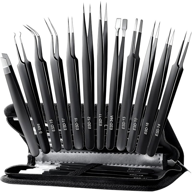 Antonki 12 Pack Precision Tweezers Set for Craft, Soldering, Jewelry, Facial Hair, Eyebrow, Ingrown Hair Removal, Eyelash Extension- with Case - Image 1