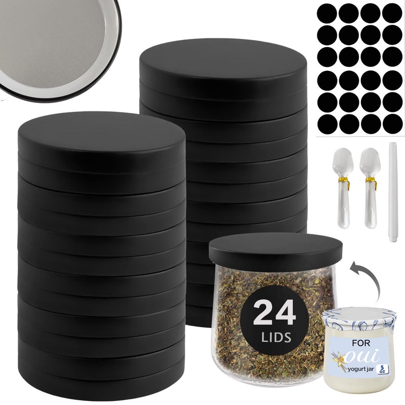 Oui Yogurt Jar Lids 24 Pack Black Metal Oui Lids for Yoplait Yogurt Container lids for oui yogurt jars with repeat writing label and white chalk
