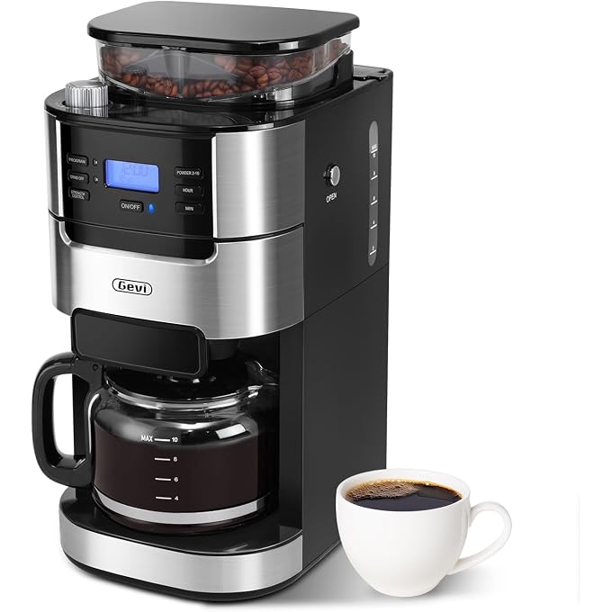 Gevi 10-Cup Drip Coffee Maker with Built-in Burr Grinder & Programmable Timer, 1.5L Water Tank, Auto Keep-Warm, Reusable Filter - Fresh Ground Coffee Machine (Black) - Image 1