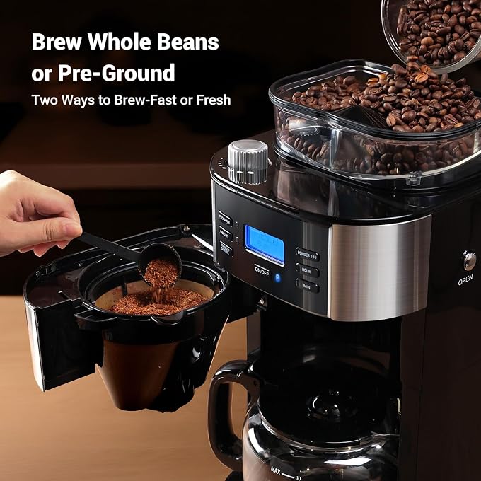 Gevi 10-Cup Drip Coffee Maker with Built-in Burr Grinder & Programmable Timer, 1.5L Water Tank, Auto Keep-Warm, Reusable Filter - Fresh Ground Coffee Machine (Black) - Image 3