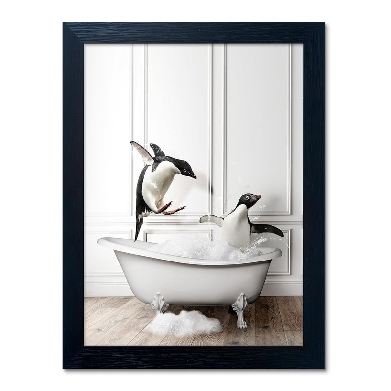 Melpa Art ديكور حمام الأطفال المؤطر فن جدار الحمام المضحك ديكور جدار أبيض وأسود بطاريق لطيفة في حوض الاستحمام طباعة قماشية لوحة فنية حيوانية ريفية - Image 1