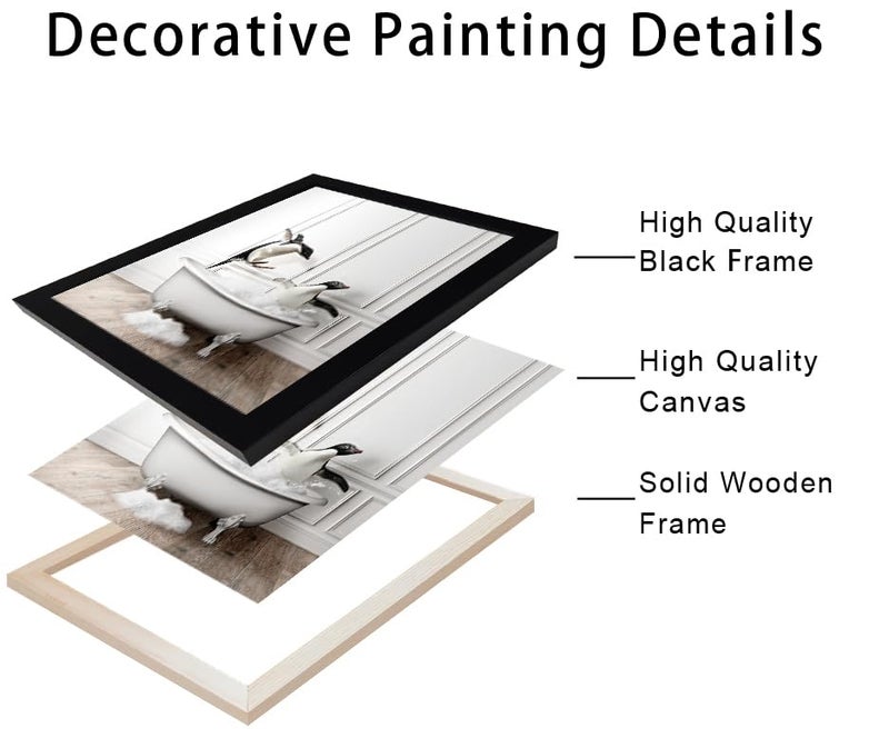 Melpa Art ديكور حمام الأطفال المؤطر فن جدار الحمام المضحك ديكور جدار أبيض وأسود بطاريق لطيفة في حوض الاستحمام طباعة قماشية لوحة فنية حيوانية ريفية - Image 2