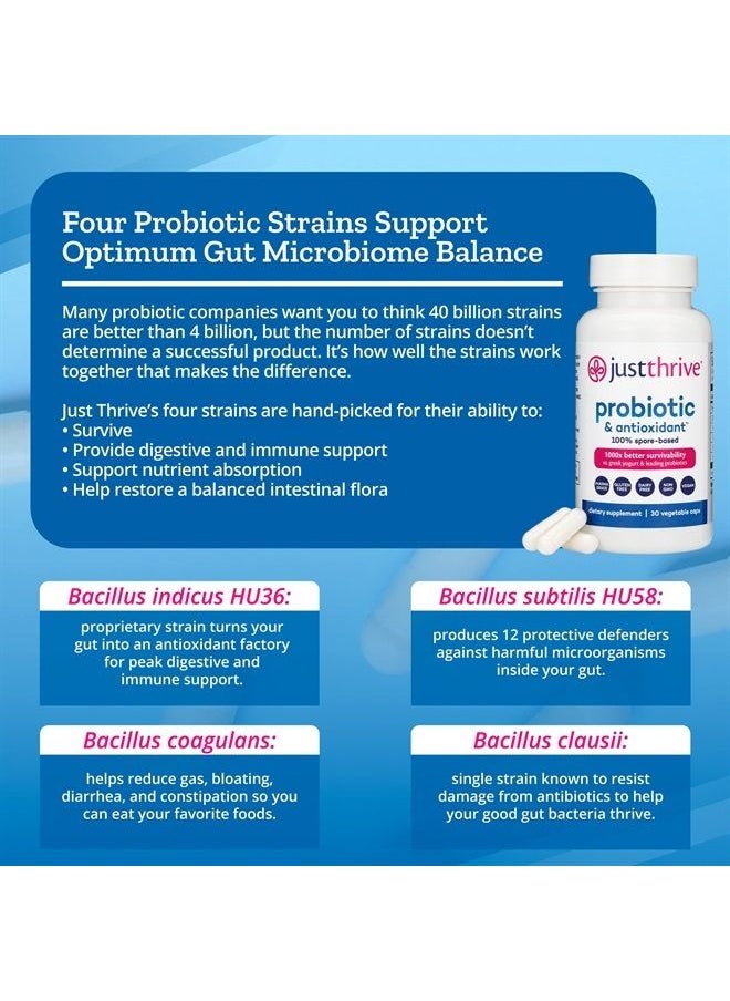 Just Thrive - Probiotic & Antioxidant Supplement - 100% Spore-Based Digestive and Immune Support - Gluten Free, 30 Caps - Image 1