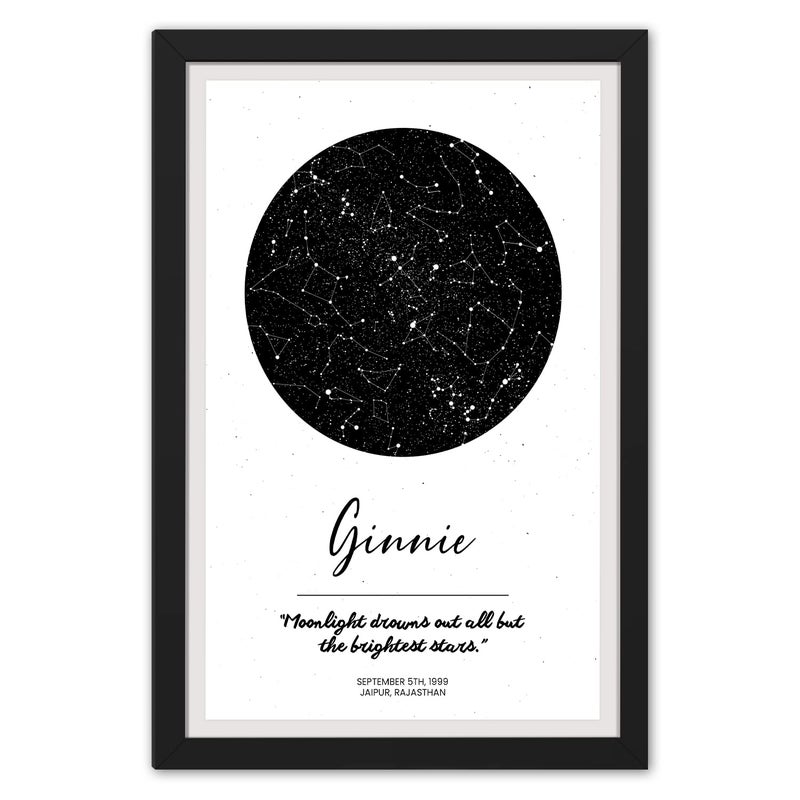 Ritwikas Personalised Zodiac Starmap Position Framed And Constellations With Name Message Date And Place Size 95 x 135 IN Set of 1 Black And White