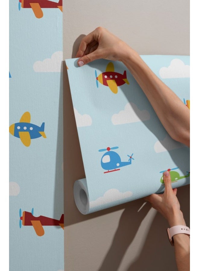 Home Gallery Airplanes On A Blue Background Cartoon Kid Seamless Pattern  Fabric Wallpaper Covers An Area ​​Up To 4.2Mx3M With Adhesive  And Smoothing Tool - Image 1