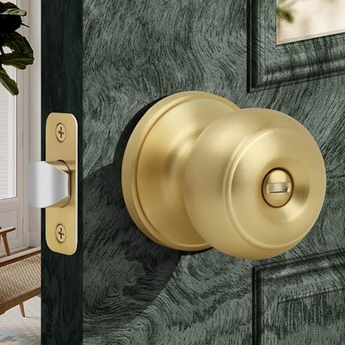 Moquin Gold Privacy Door Knob with Lock Keyless Interior Flat Ball Door Knob for Bathroom or Closet Satin Brass