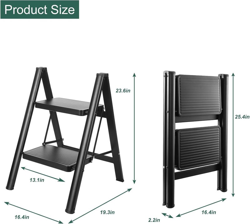 Boniry Compact 2 Step Folding Ladder with Non-Slip Steps | Lightweight & Durable Step Ladder | Perfect for Home, Kitchen, or Office Use – Black Finish - Image 2
