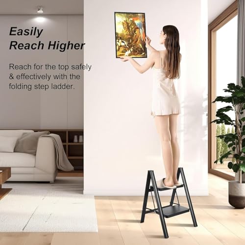Boniry Compact 2 Step Folding Ladder with Non-Slip Steps | Lightweight & Durable Step Ladder | Perfect for Home, Kitchen, or Office Use – Black Finish - Image 5