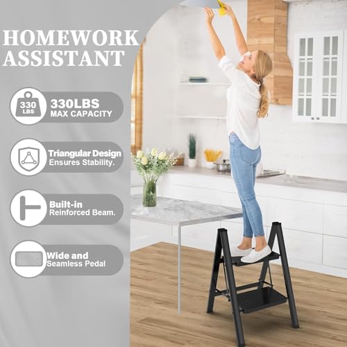 Boniry Compact 2 Step Folding Ladder with Non-Slip Steps | Lightweight & Durable Step Ladder | Perfect for Home, Kitchen, or Office Use – Black Finish - Image 4
