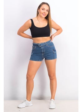 Jennyfer Women Belted Washed Denim Cargo Shorts, Blue  - Image 2