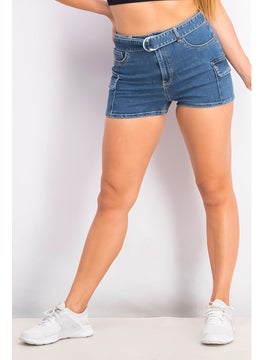 Jennyfer Women Belted Washed Denim Cargo Shorts, Blue  - Image 1
