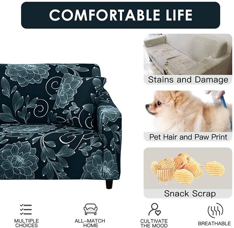 Styleys Stretchable 2 Seater Sofa Cover Universal Fit Elastic Sofa Slipcover for Living Room Double Seater Protective Couch Case 2 Seater 140180 cms Grey White ShadedBlack Flower SLMH32 - Image 2