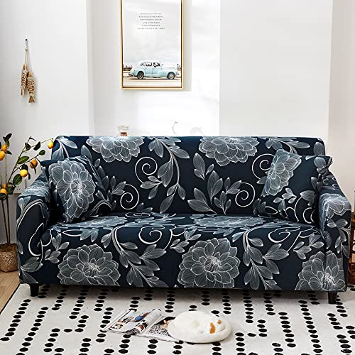 Styleys Stretchable 2 Seater Sofa Cover Universal Fit Elastic Sofa Slipcover for Living Room Double Seater Protective Couch Case 2 Seater 140180 cms Grey White ShadedBlack Flower SLMH32 - Image 1