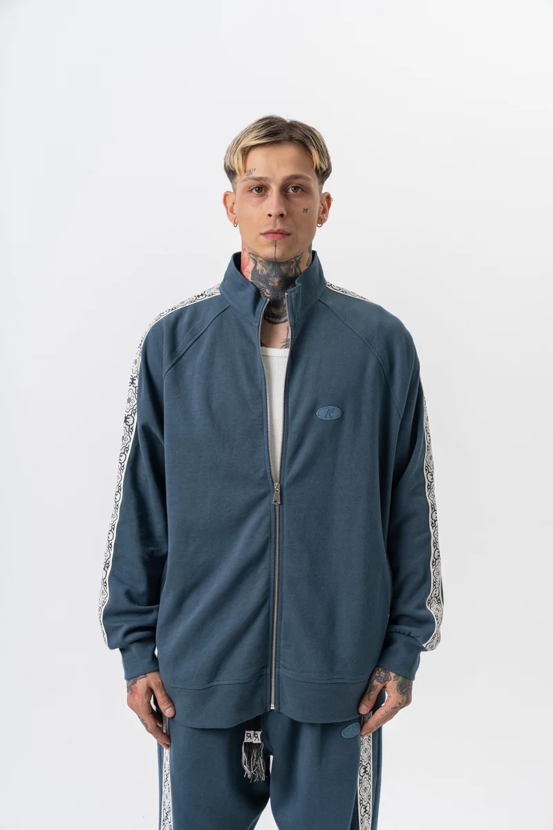 RESPIRE Men's Damask Striped Stand Collar Doubleface Zip Oversize Sweatshirt Petrol