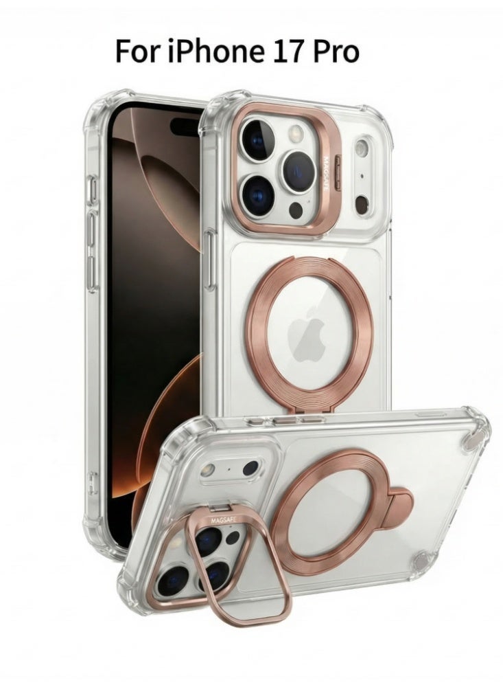 غطاء iPhone 17 Pro شفاف مقاوم للاصفرار - مواصفات عسكرية - متوافق مع MagSafe - مع حامل معدني وأنيق للمكالمات المرئية المكتبية (نحاسي) - Image 1