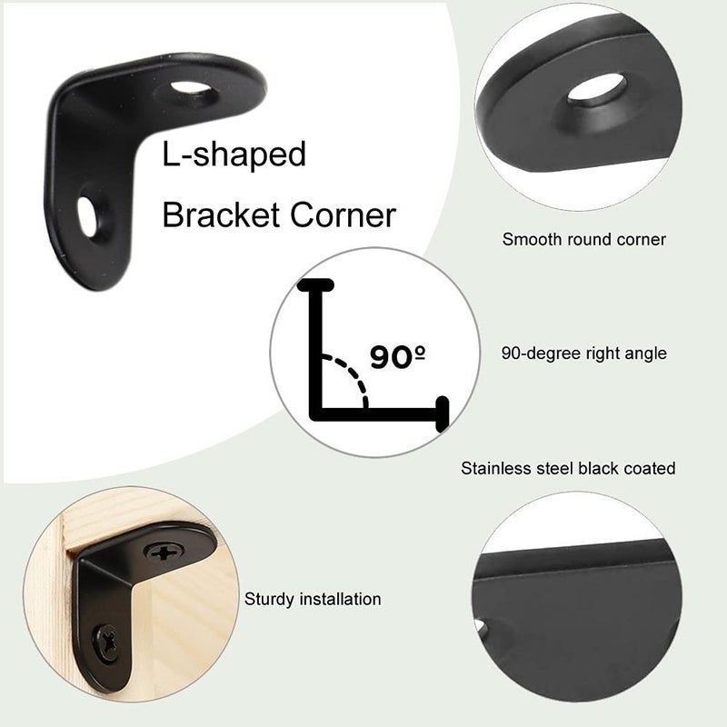 Elimeta L Bracket Corner Brace Joint Right Angle 90 Degree Fastener Wood Support For Shelves Braces Mounting Brackets With Screws For Furniture Chairs Wooden Hardware Brackets 16Pcs Elimeta (Black 1Inch) - Image 2